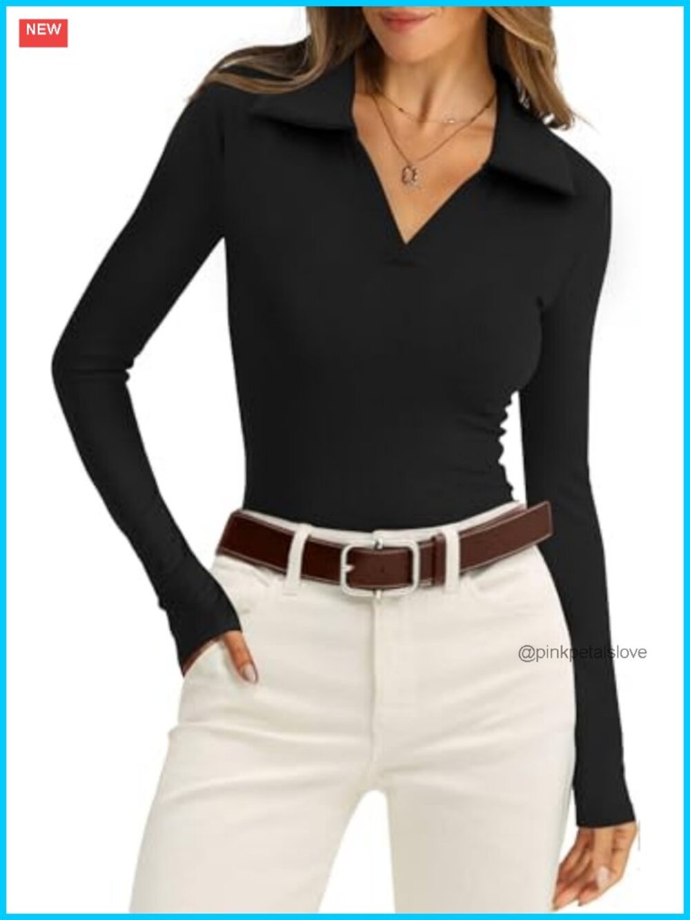 Womens Long Sleeve Polo Shirt Collared V Neck Ribbed Knit Slim Fit Business